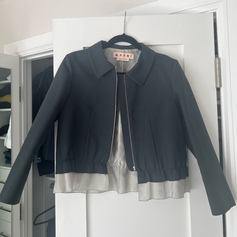 Green & Silver Marni Peplum Abstract Silk Cotton Zip Up Jacket [Size 40 / US 4]